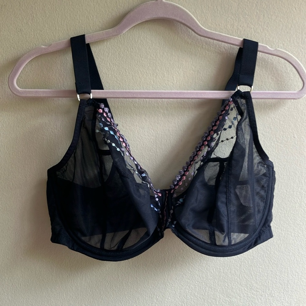 Elomi Size 36I Black Sheer Mesh Embroidered Lace Full Coverage Underwire Bra
